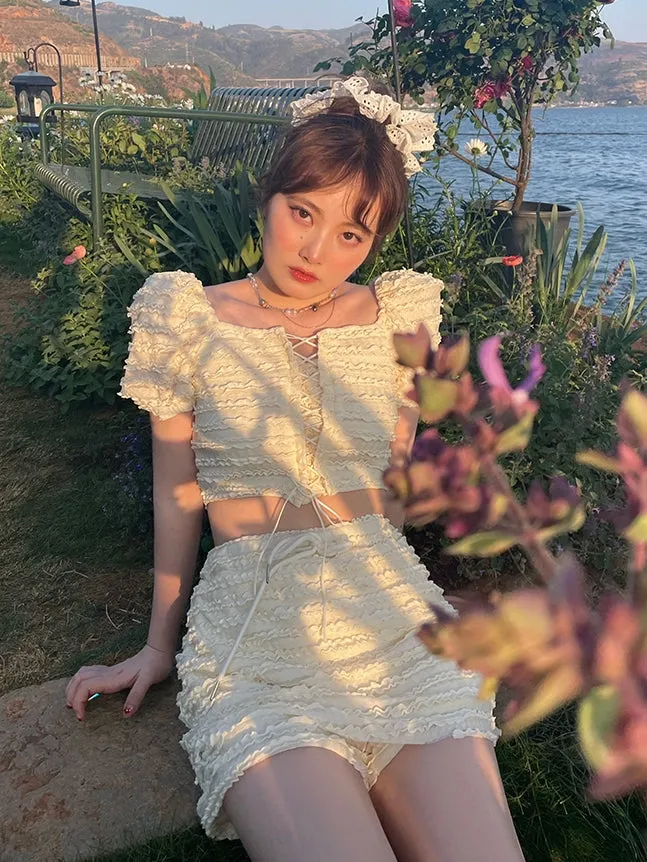 Bandage Puff Sleeve Short Top & Culottes