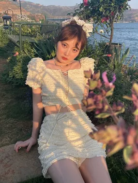 Bandage Puff Sleeve Short Top & Culottes