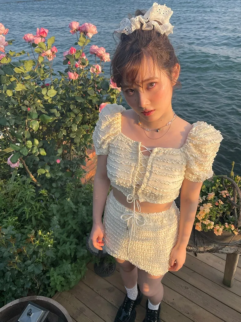 Bandage Puff Sleeve Short Top & Culottes