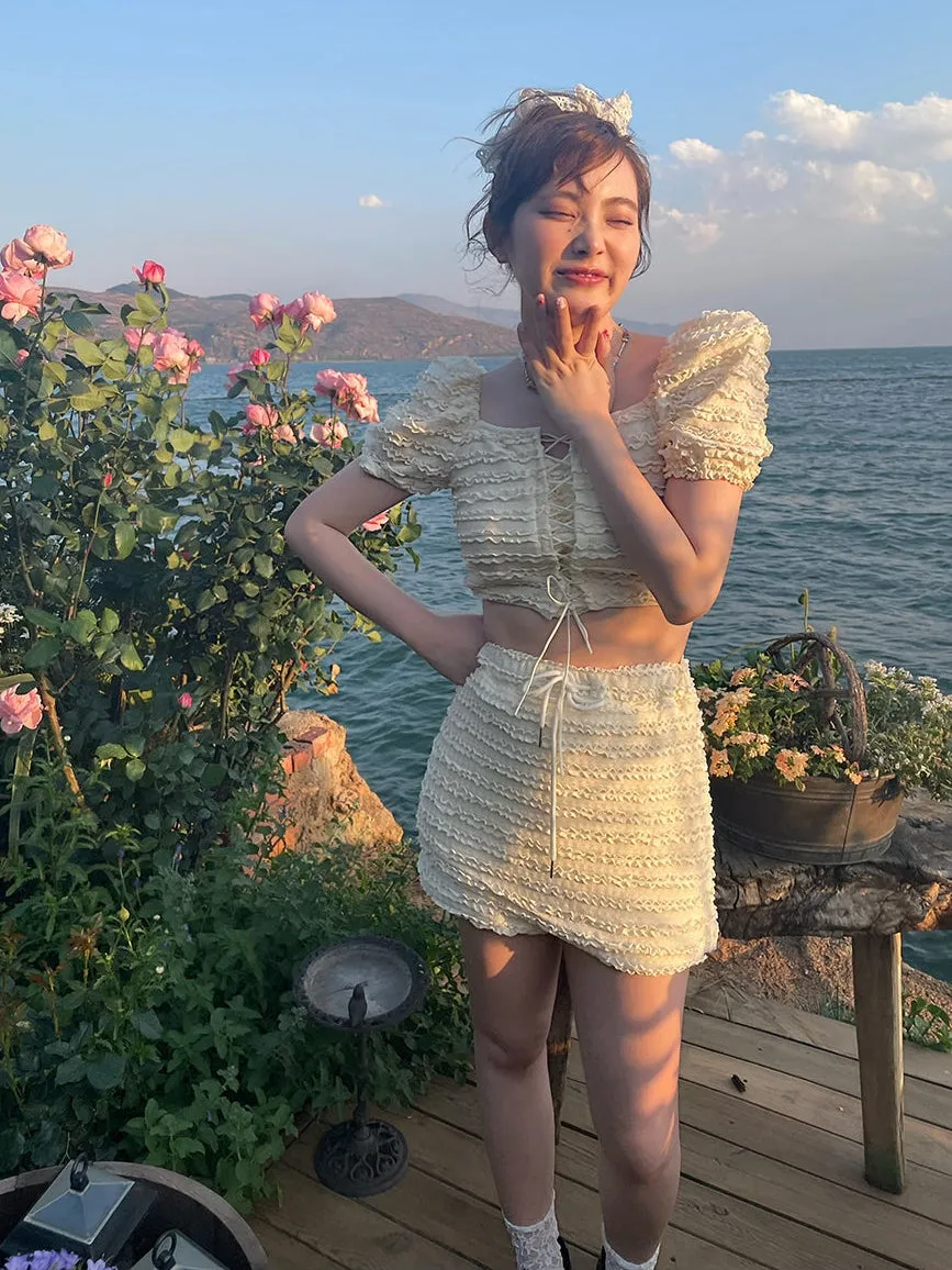 Bandage Puff Sleeve Short Top & Culottes