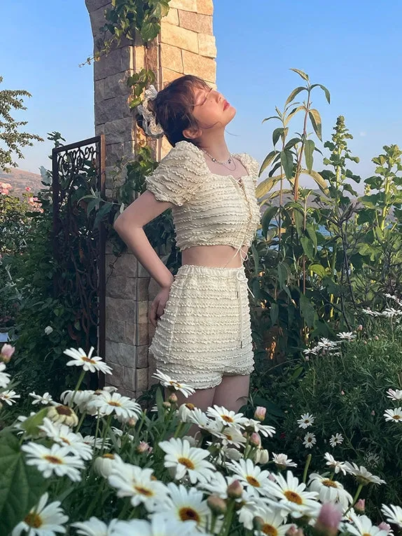 Bandage Puff Sleeve Short Top & Culottes