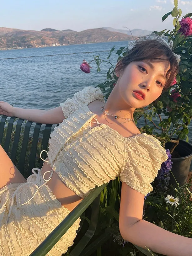 Bandage Puff Sleeve Short Top & Culottes