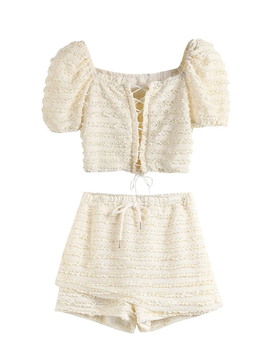 Bandage Puff Sleeve Short Top & Culottes