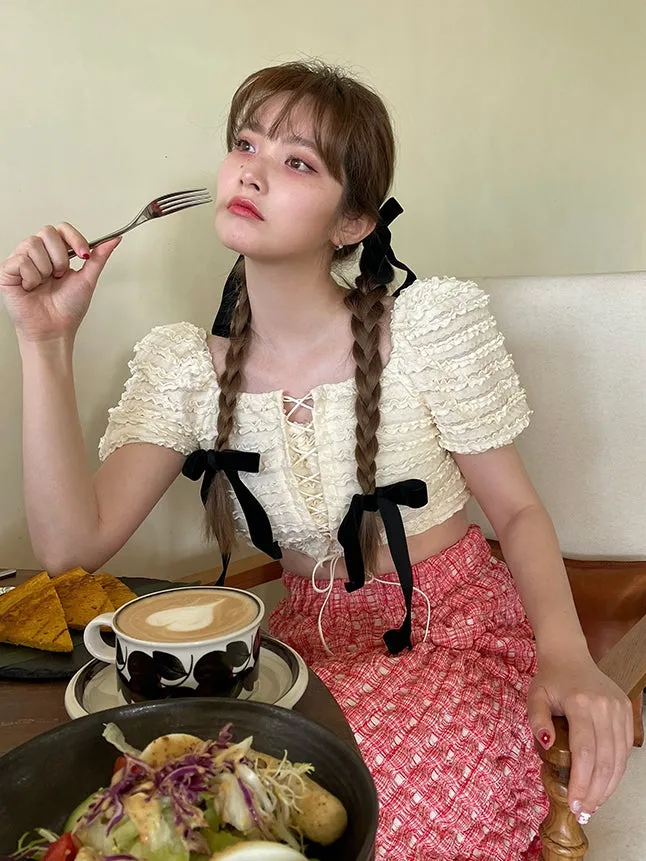 Bandage Puff Sleeve Short Top & Culottes