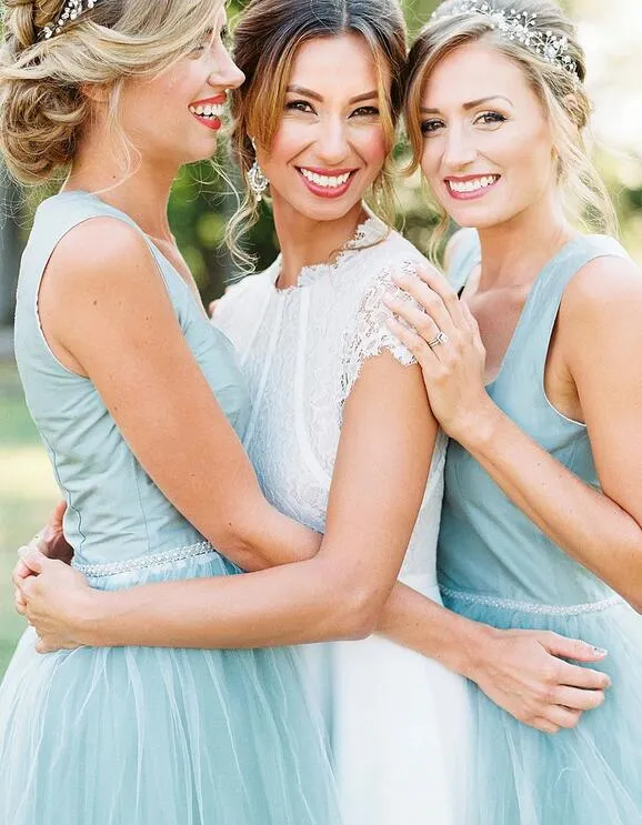 Beautiful Mint Tea Length Tulle Bridesmaid Dresses with Wide Straps