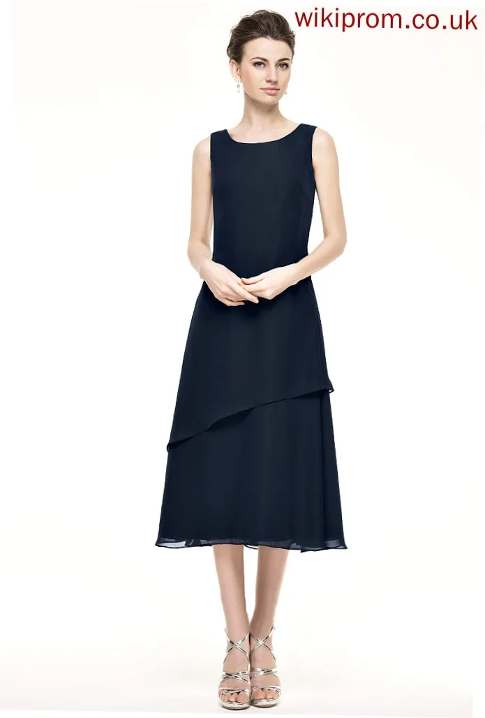 Bride Ruffles Dress Tea-Length of With Cascading Sequins Chiffon Rhoda Mother of the Bride Dresses Scoop Mother Neck A-Line the Beading