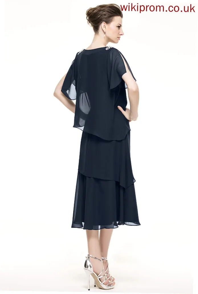 Bride Ruffles Dress Tea-Length of With Cascading Sequins Chiffon Rhoda Mother of the Bride Dresses Scoop Mother Neck A-Line the Beading