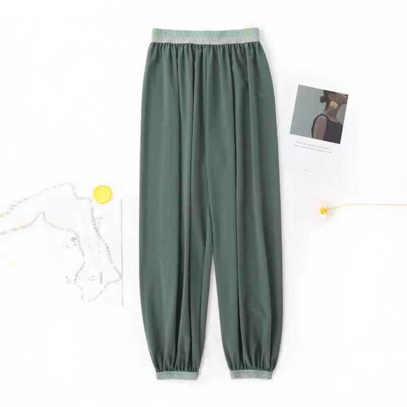 Cooling High Waist Drape Summer Thin Loose Jogger Sporty Silk Wide Leg Lantern Pants