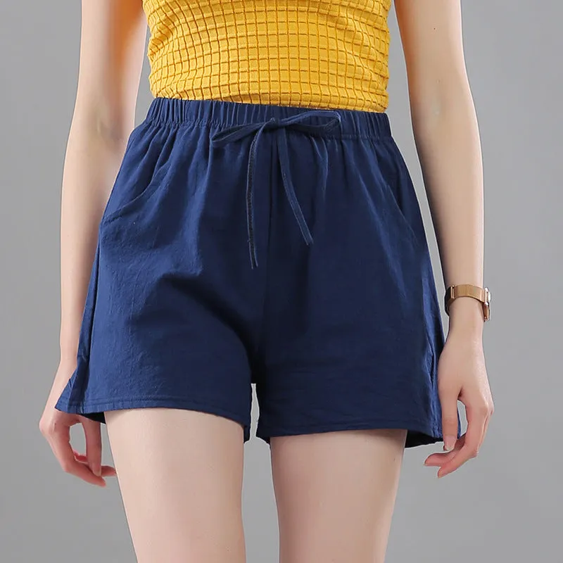 Cotton Solid Colored Shorts Women Elastic Waist Casual Summer All-Matching Track Wide Leg Pants
