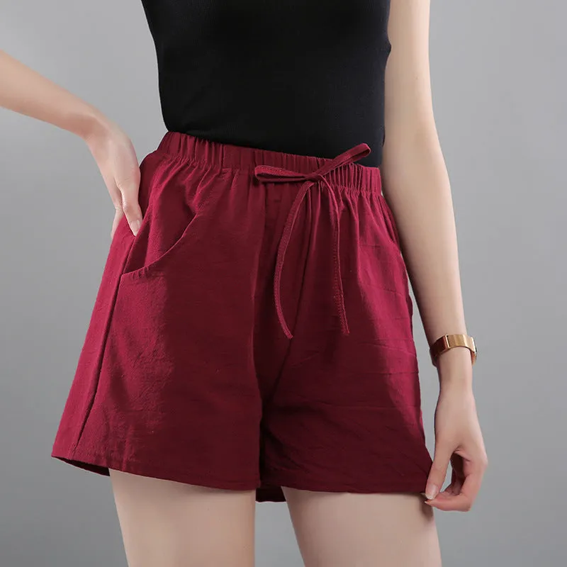 Cotton Solid Colored Shorts Women Elastic Waist Casual Summer All-Matching Track Wide Leg Pants