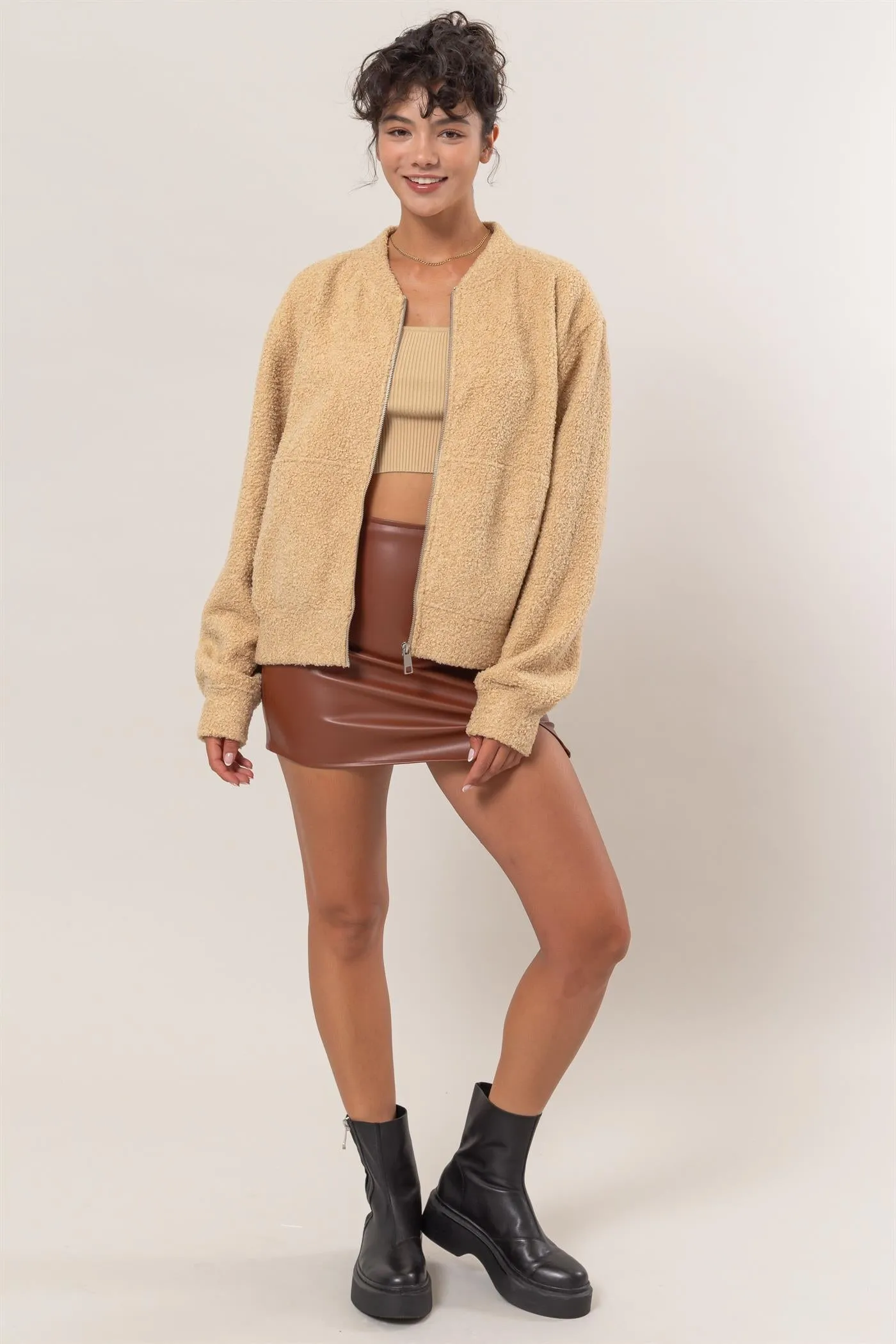 DZ24F828-Fleece Zip-Front Bomber Jacket
