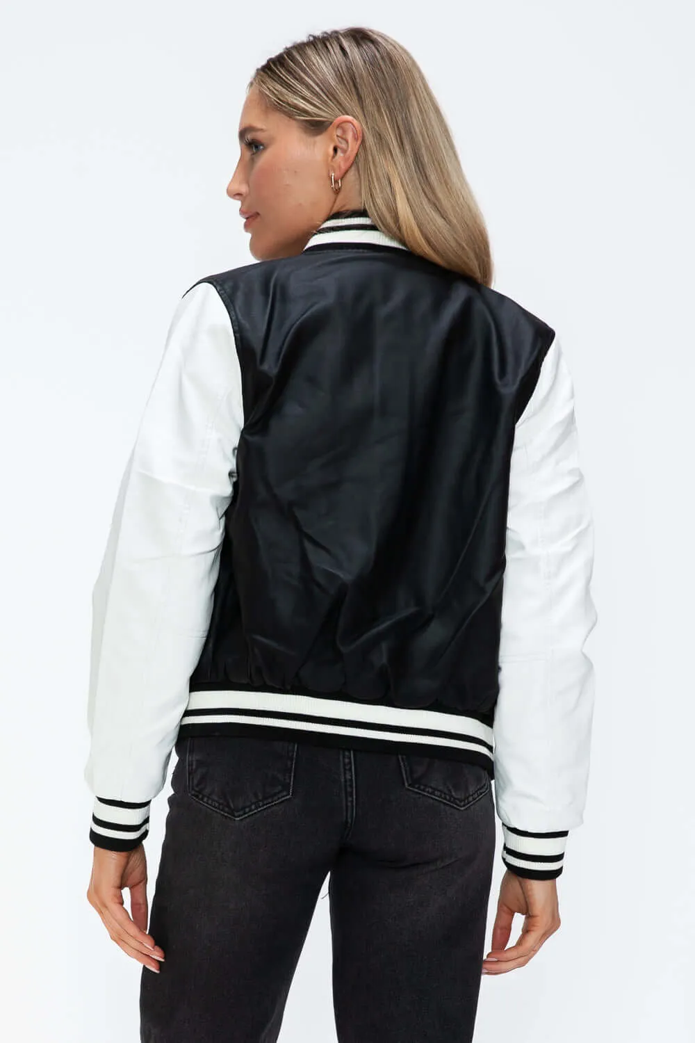 Faux Leather Contrast Snap Down Bomber Jacket