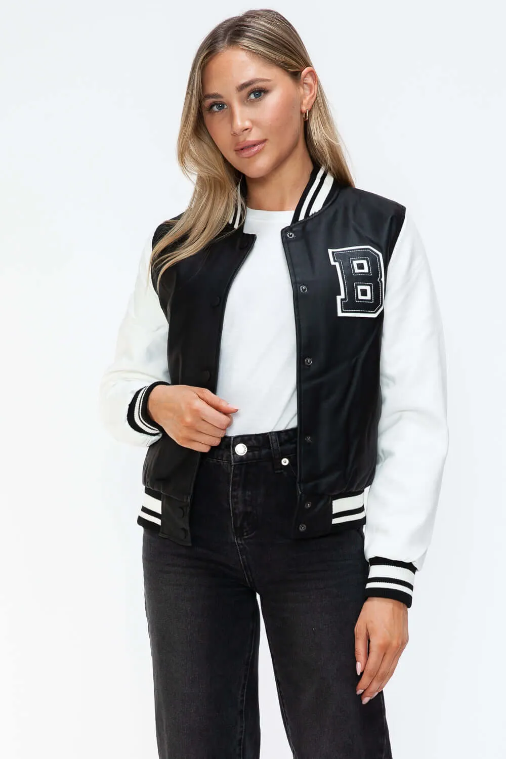 Faux Leather Contrast Snap Down Bomber Jacket