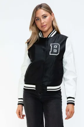Faux Leather Contrast Snap Down Bomber Jacket