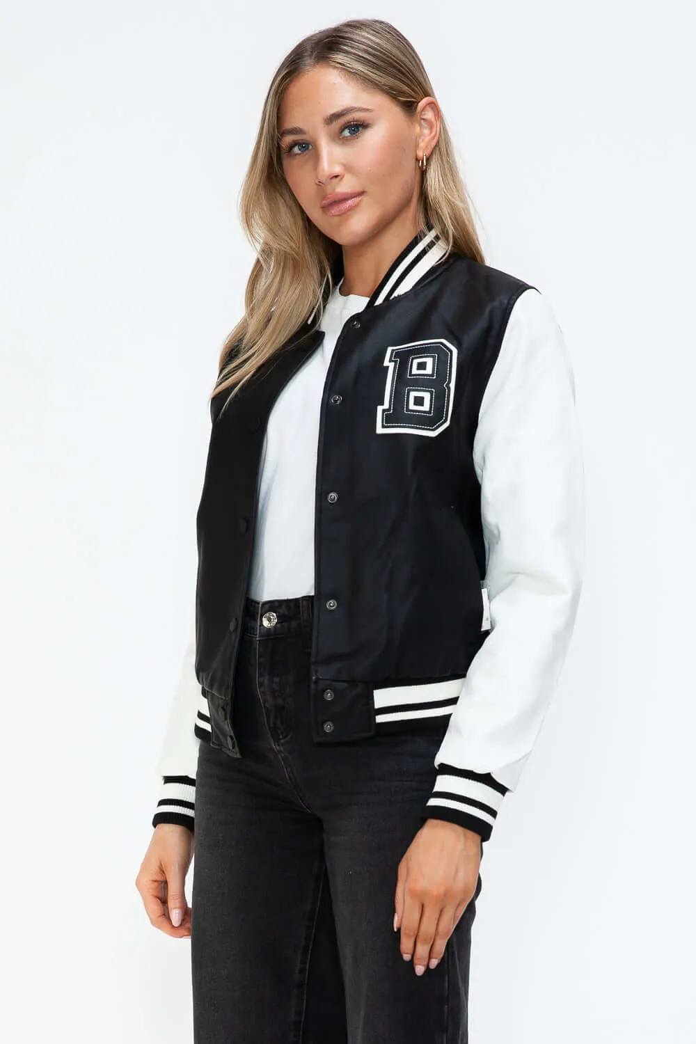 Faux Leather Contrast Snap Down Bomber Jacket