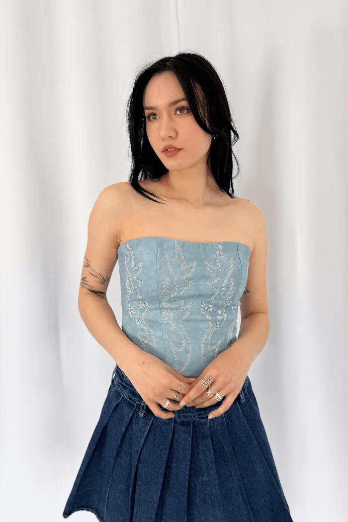 Faux Leather Embroidered Corset Top in Light Blue