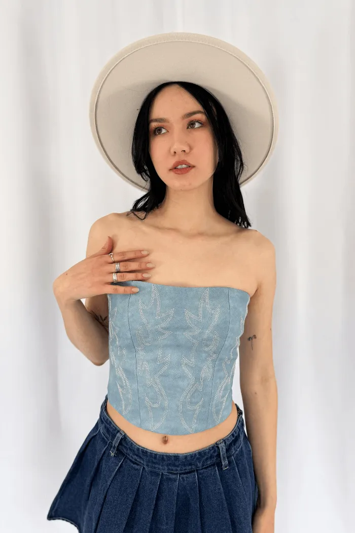 Faux Leather Embroidered Corset Top in Light Blue