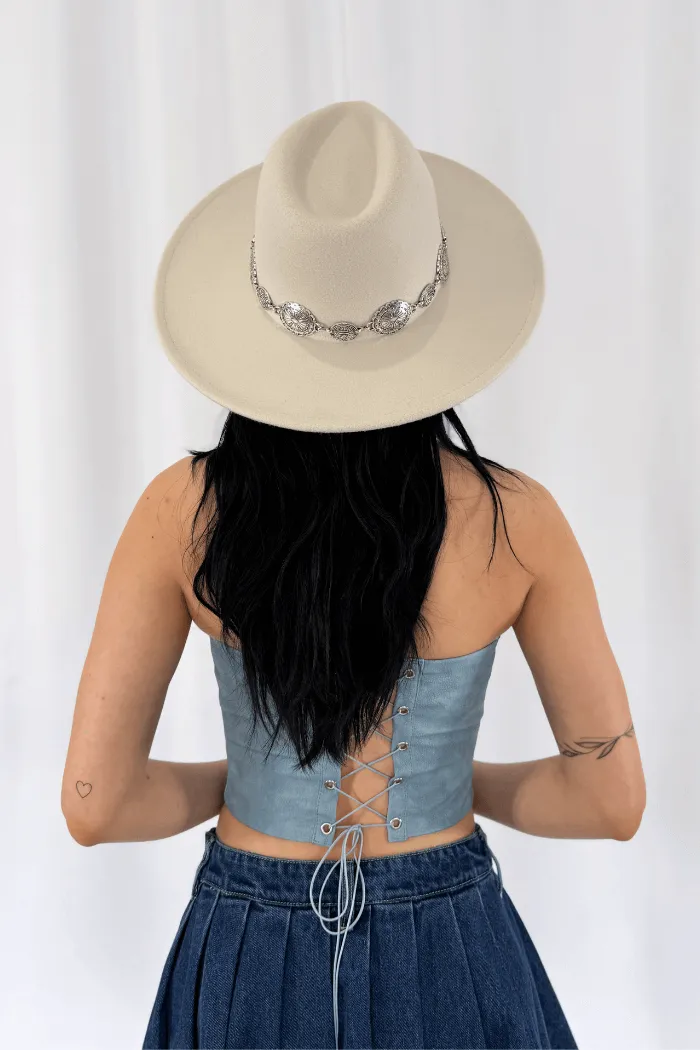 Faux Leather Embroidered Corset Top in Light Blue