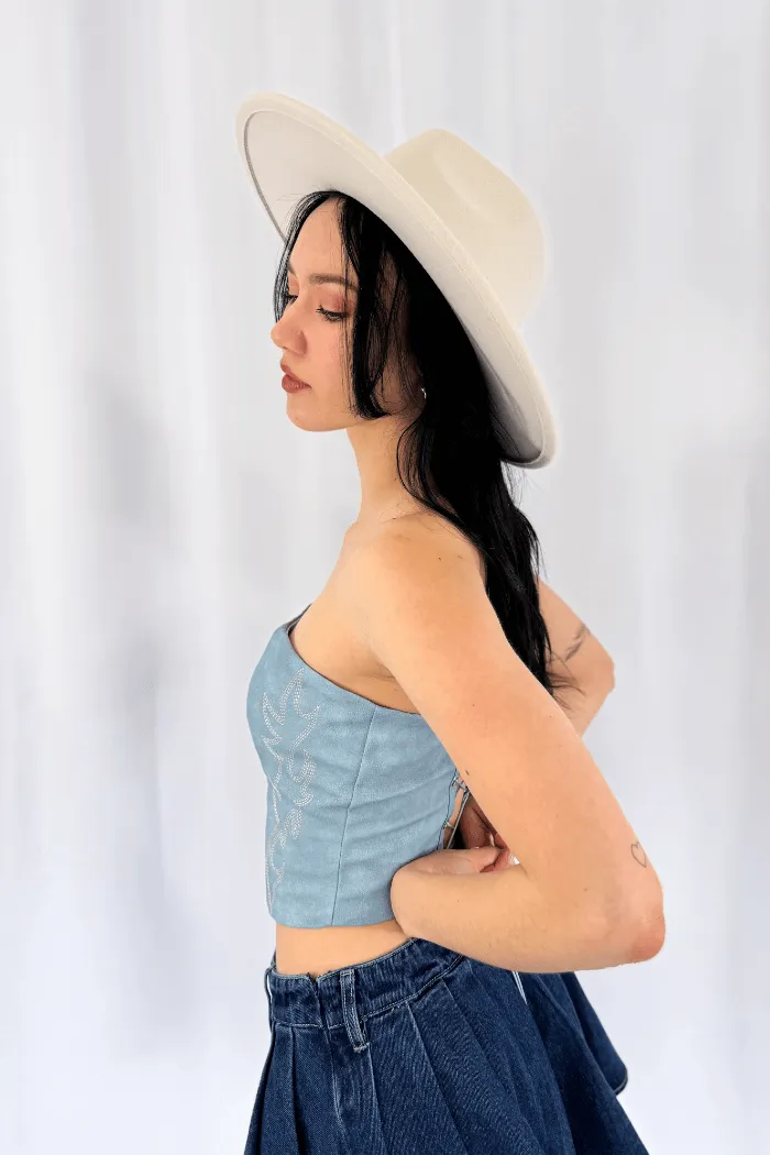 Faux Leather Embroidered Corset Top in Light Blue