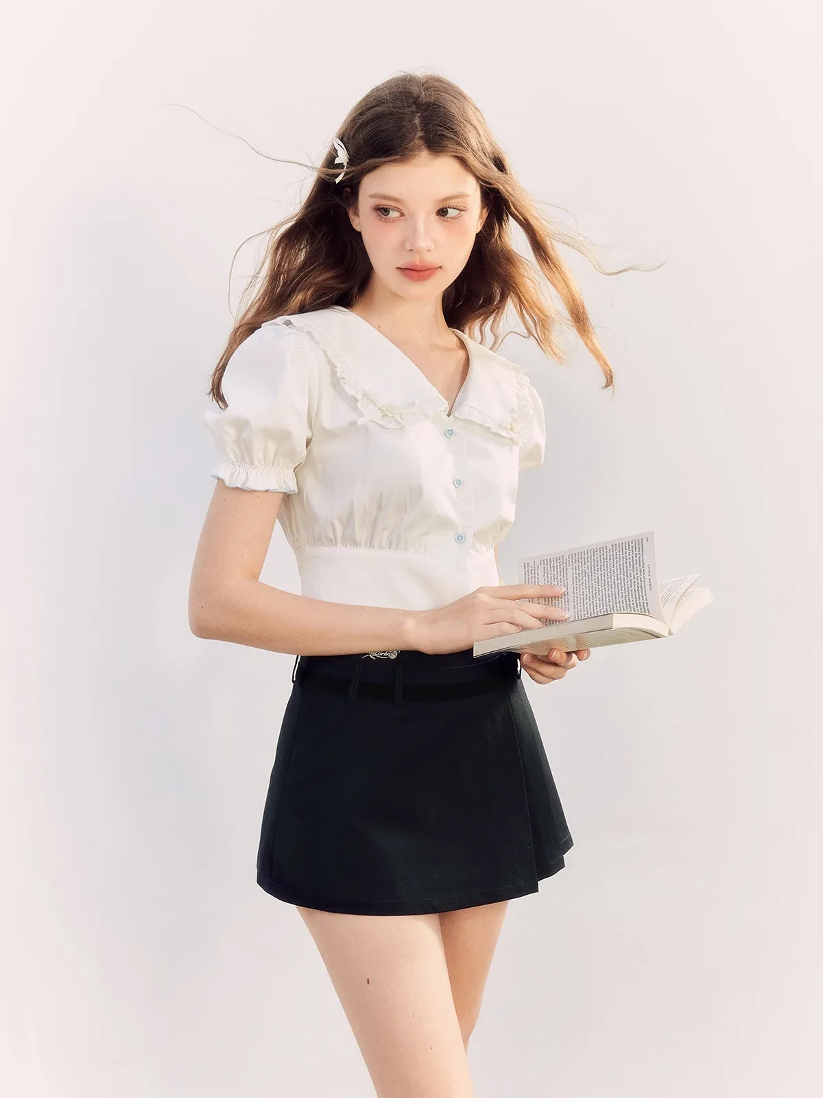 Fril Sailorl-Collar Puss-Sleeve Cute Blosue&Culottes