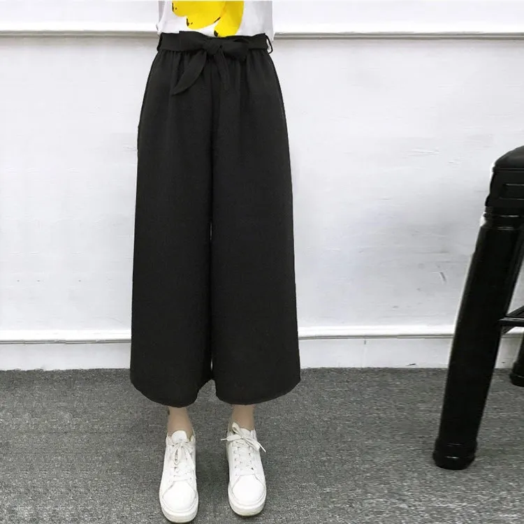 High Waist Slim-Look Women Casual Korean Elastic Free Belt Black Ankle-Length Wide Leg Pants