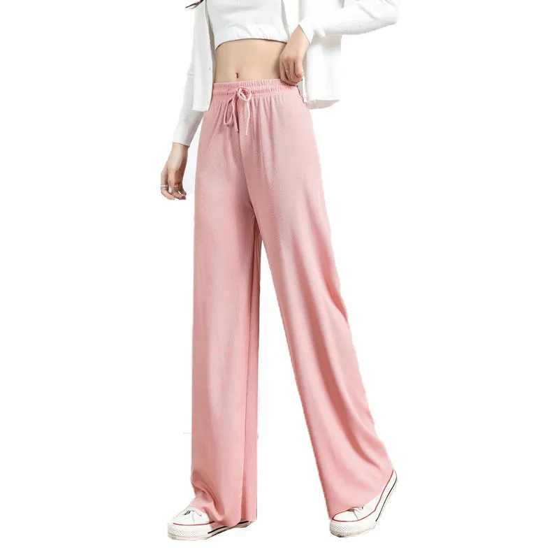 Ice Silk Wide Leg Pants Women High Waist Drape Loose Floor Length Thin Casual Long Straight Pants