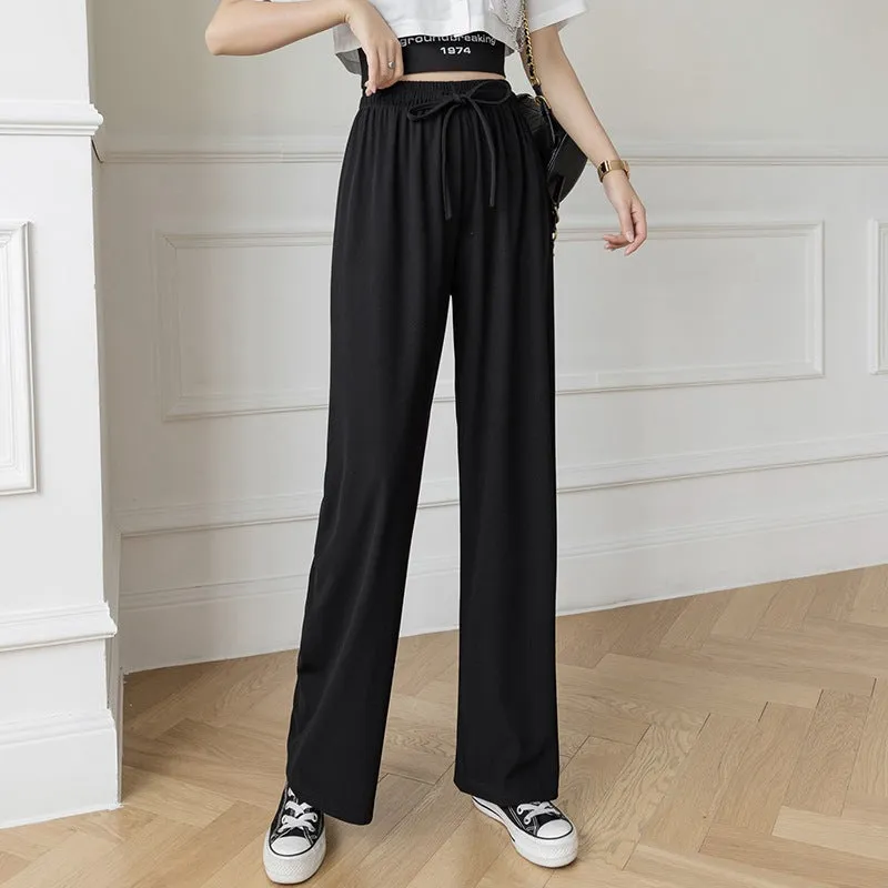 Ice Silk Wide Leg Women High Waist Drape Loose Straight Casual Slim-Look All-Matching Floor Length Pants