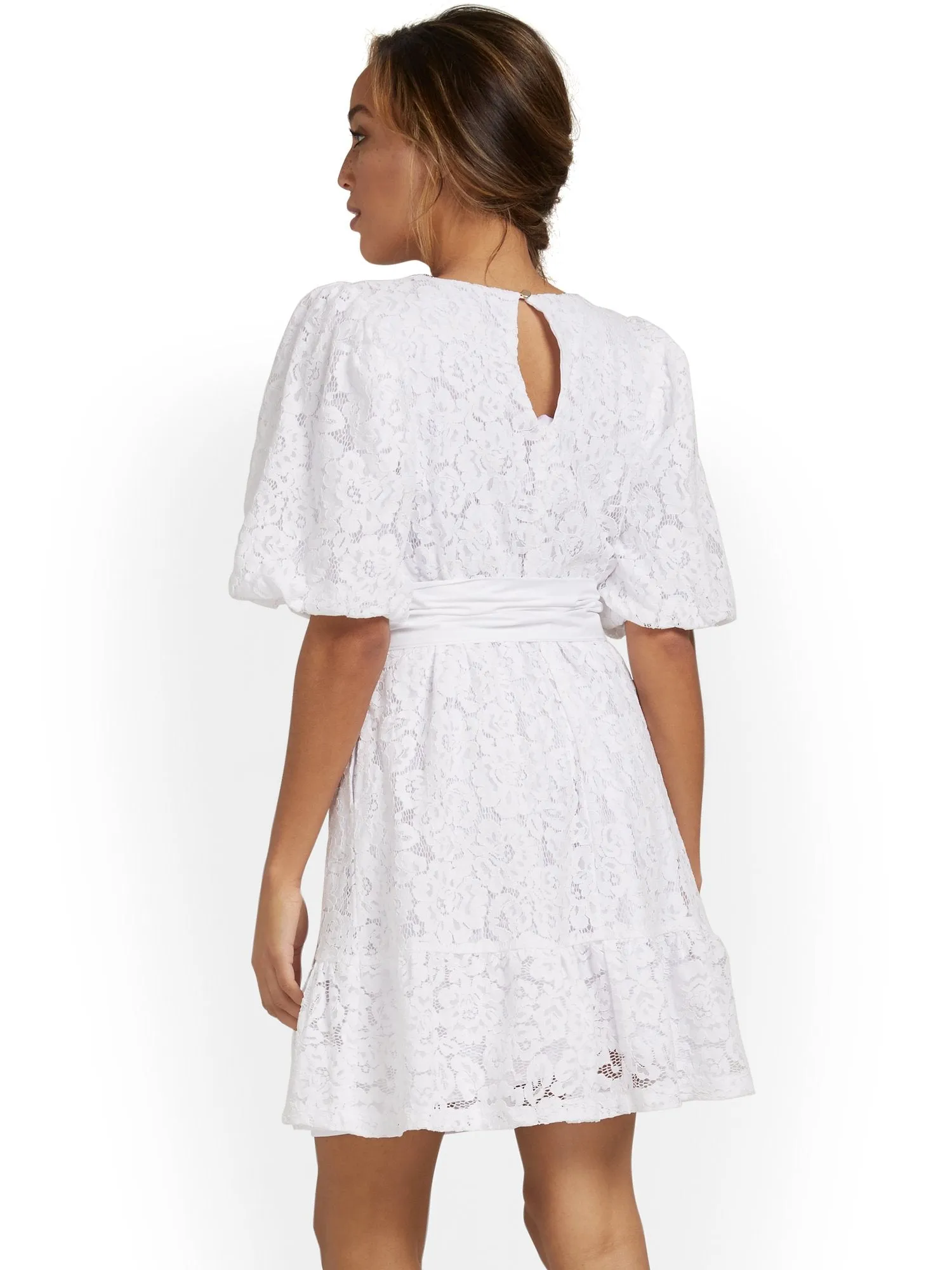 Lace Puff-Sleeve Shift Dress