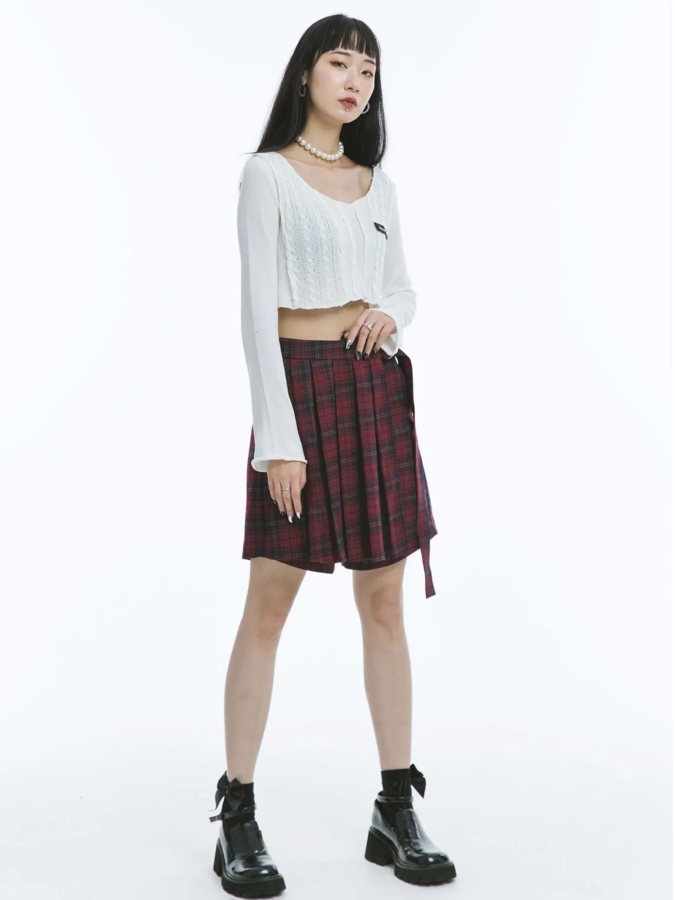 Plaid Pleats Short College Culottes