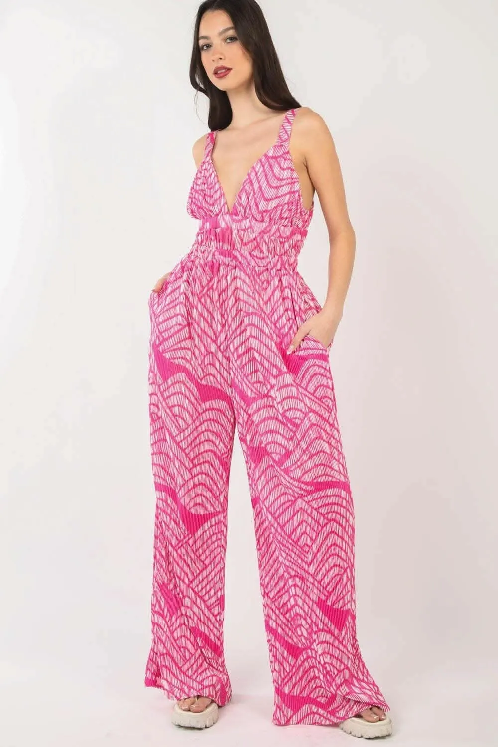 Printed Pattern Wide Leg Jumpsuit with Sleeveless Style