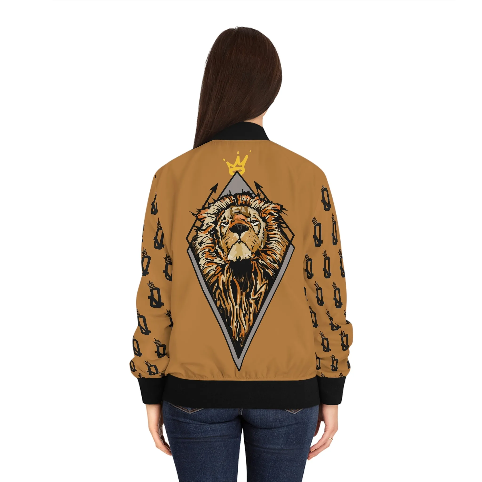 "Empowered and Bold" YAS Q King Lion Fitted Bomber Jacket (TAN)