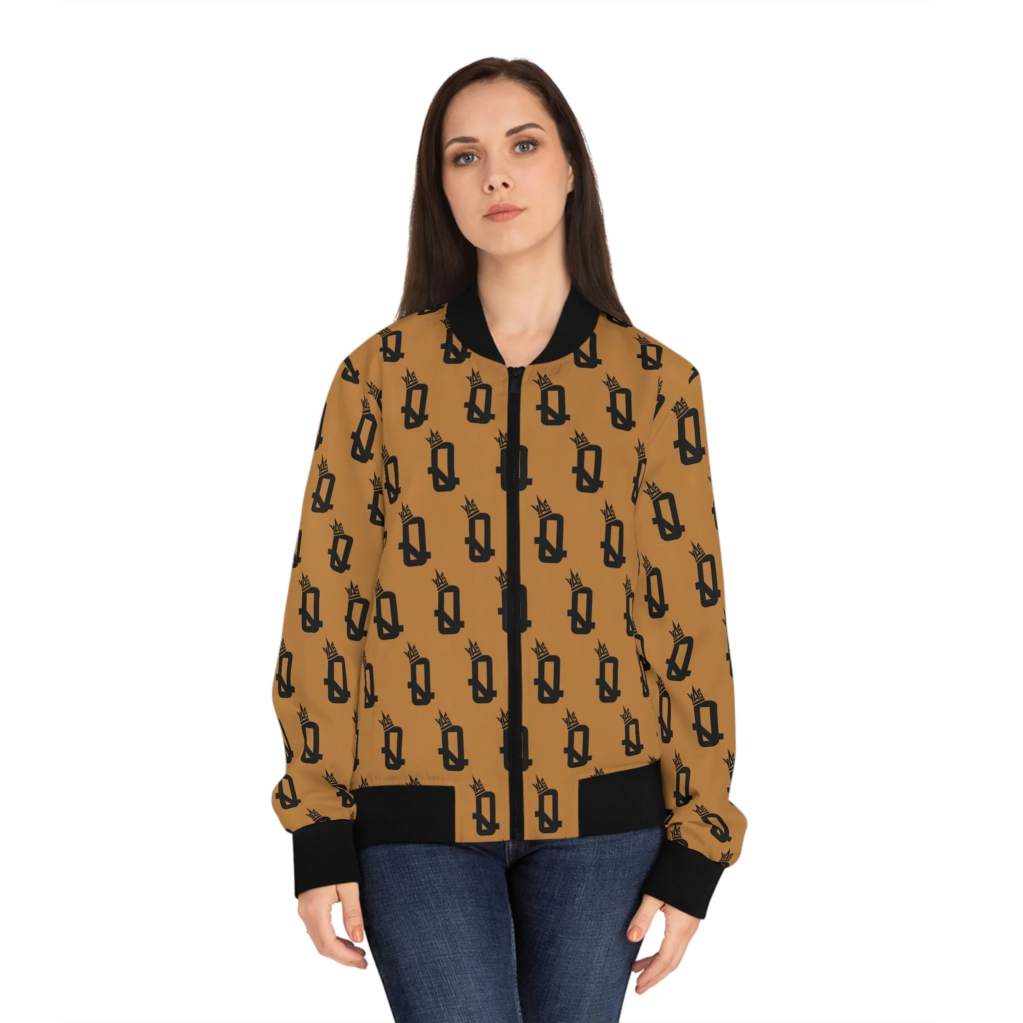 "Empowered and Bold" YAS Q King Lion Fitted Bomber Jacket (TAN)