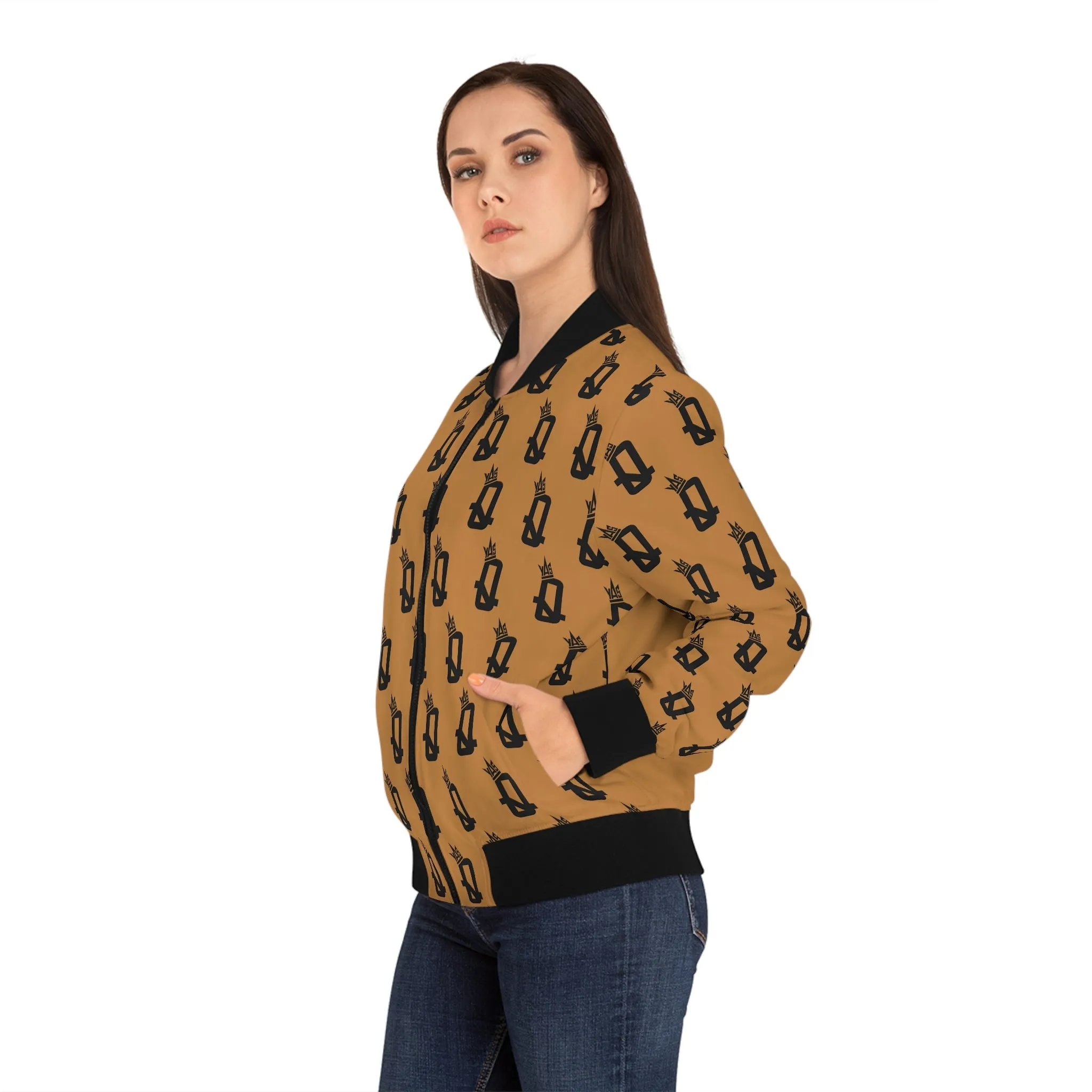 "Empowered and Bold" YAS Q King Lion Fitted Bomber Jacket (TAN)