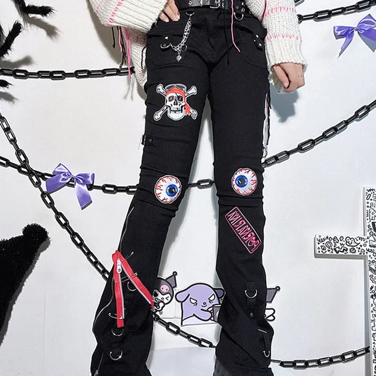 Skull Embroidery Zipper Punk Black High-waisted Jeans