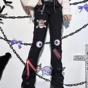 Skull Embroidery Zipper Punk Black High-waisted Jeans