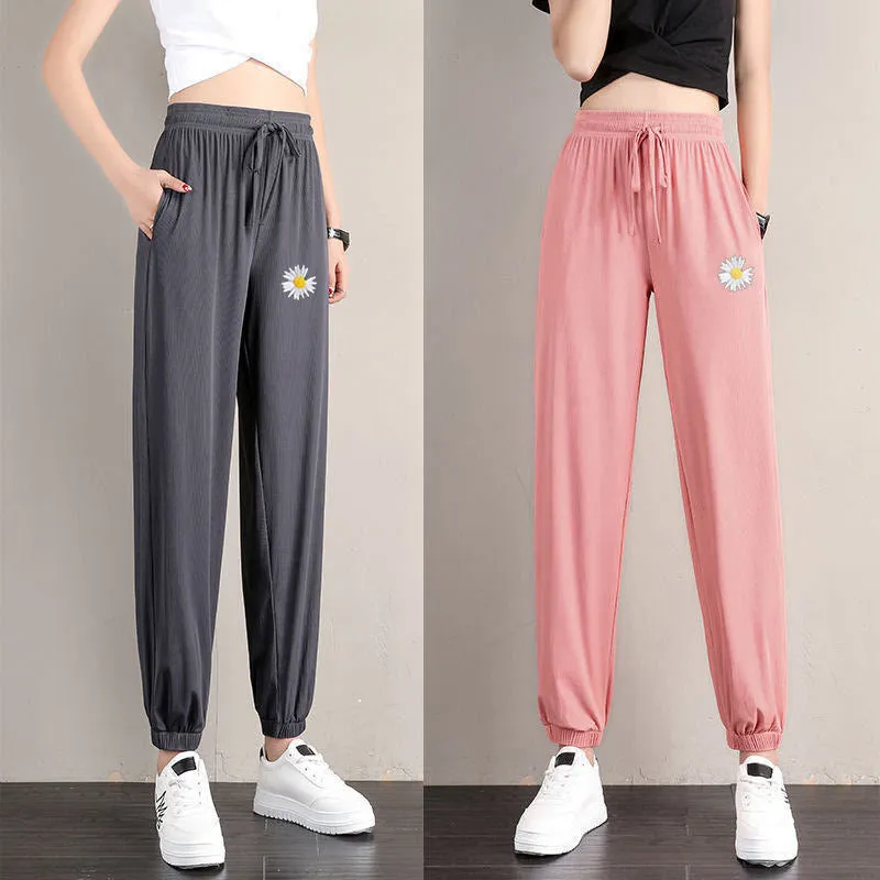 Sporty Pants Women Daisy Ice Silk Lantern Loose Jogger Embroidered Flower Casual Drape Anti Mosquito Cool Pants