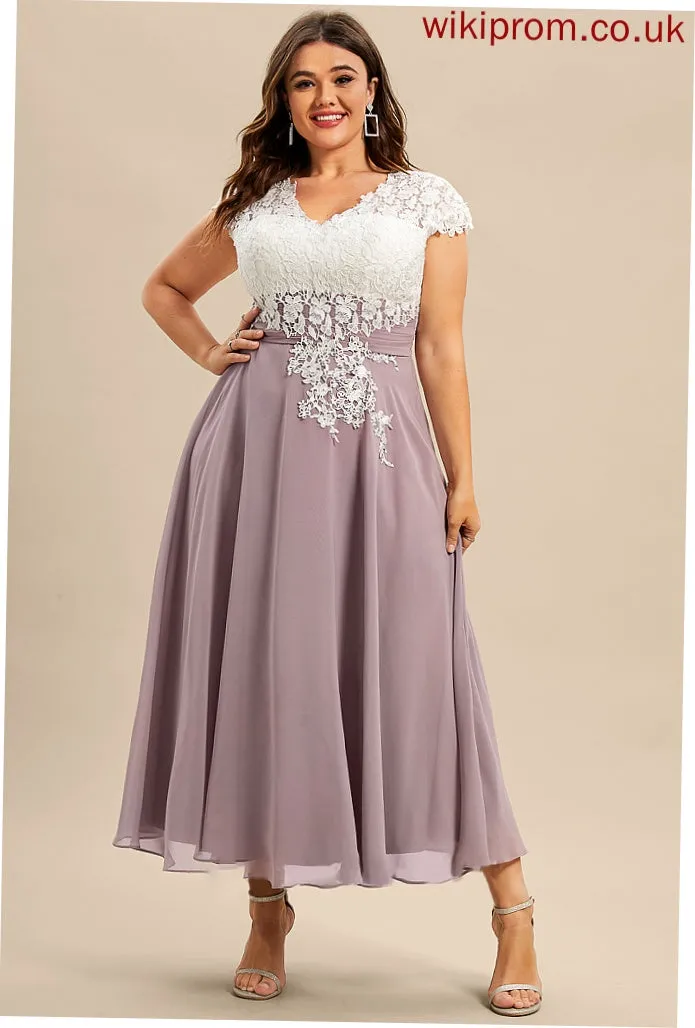 Tea-Length Mother of the Bride Dresses A-Line of Abigail Mother V-neck Lace Chiffon Dress Bride the