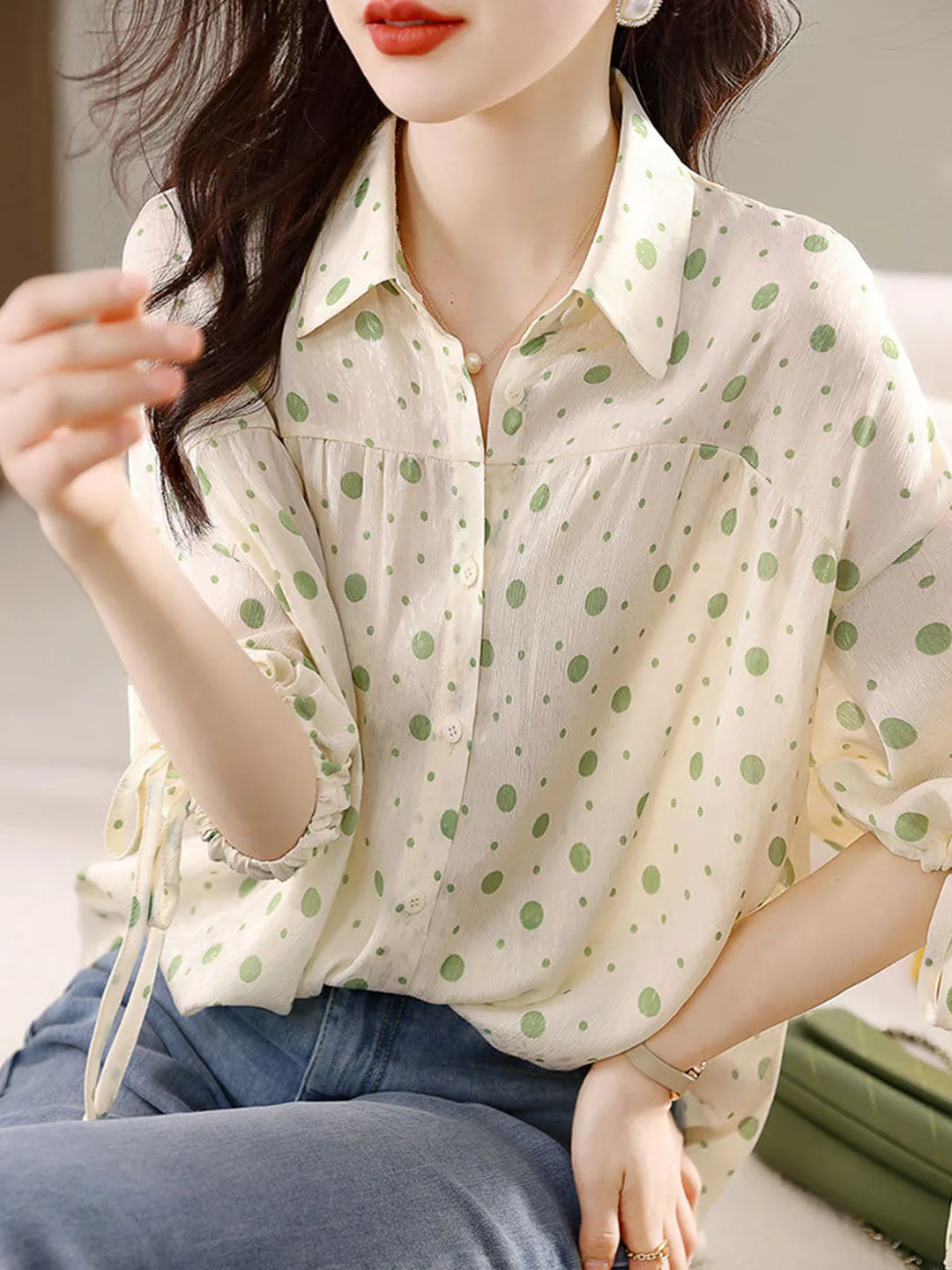 Trinity Retro Printed Polka Dot Lapel Top